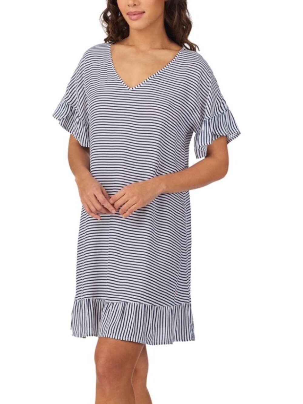 Cuddl Duds Women's Printed Short-Sleeve Sleep Tunic Blue White Striped Sz L NWT